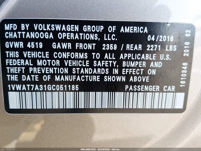 2016 Volkswagen Passat 1.8t S მანქანა იყიდება აუქციონზე, vin: 1VWAT7A31GC051185, აუქციონის ნომერი: 44681932