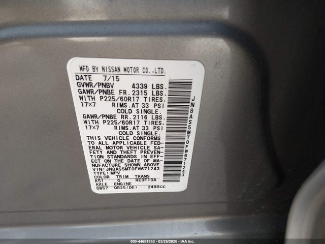 2015 Nissan Rogue Select S მანქანა იყიდება აუქციონზე, vin: JN8AS5MT0FW671243, აუქციონის ნომერი: 44681952
