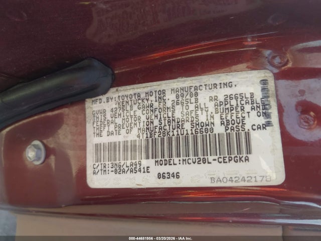 2001 TOYOTA CAMRY 4T1BF28K11U116600 Photo 8
