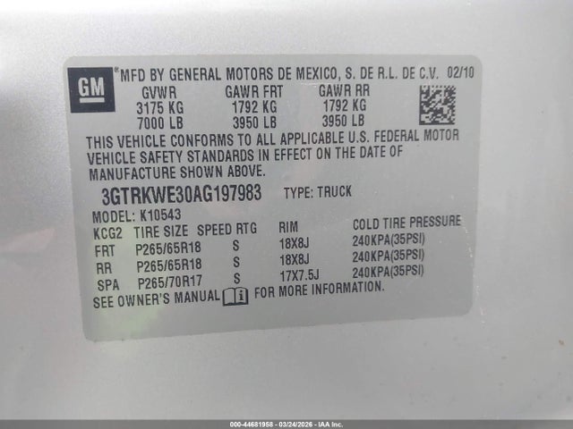 Aukcja sprzedaży 2010 Gmc Sierra 1500 Slt, vin: 3GTRKWE30AG197983, numer aukcji: 44681958