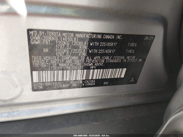 Aukcja sprzedaży 2021 Toyota Rav4 Le, vin: 2T3F1RFV7MC206191, numer aukcji: 44681969
