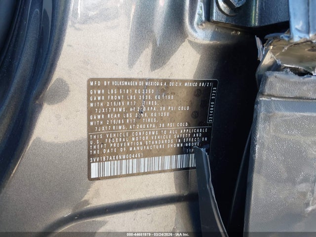 2022 Volkswagen Tiguan 2.0t S მანქანა იყიდება აუქციონზე, vin: 3VV1B7AX6NM004451, აუქციონის ნომერი: 44681979
