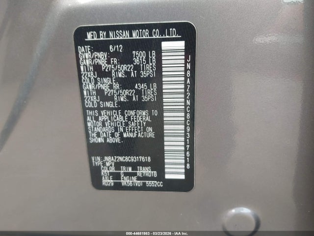 Aukcja sprzedaży 2012 Infiniti Qx56, vin: JN8AZ2NC8C9317618, numer aukcji: 44681983
