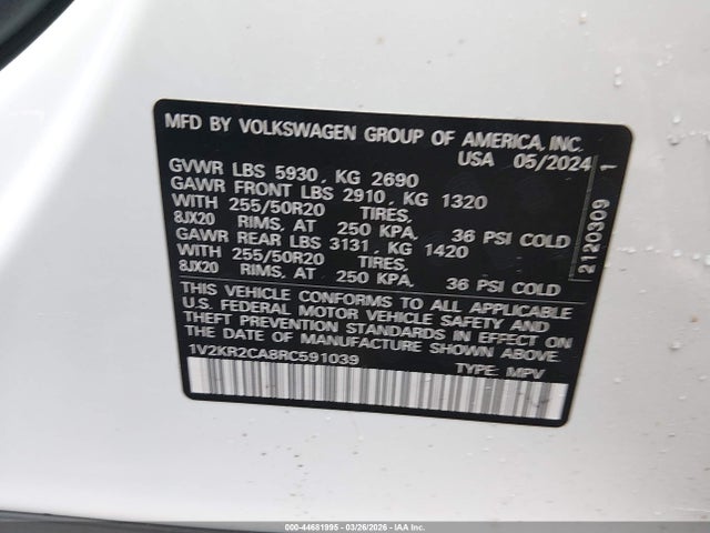 Продажа на аукционе авто 2024 Volkswagen Atlas 2.0t Se W/technology, vin: 1V2KR2CA8RC591039, номер лота: 44681995