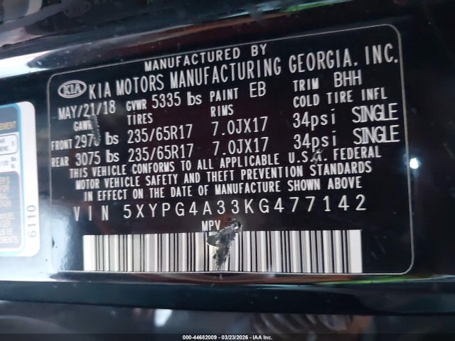 5XYPG4A33KG477142 KIA Sorento 2.4l Lx