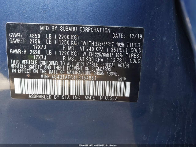2020 Subaru Outback Premium მანქანა იყიდება აუქციონზე, vin: 4S4BTAEC4L3154881, აუქციონის ნომერი: 44682032