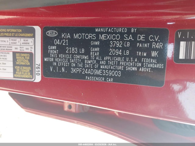 Продаж на аукціоні авто 2021 Kia Forte Lxs, vin: 3KPF24AD9ME359003, номер лоту: 44682054