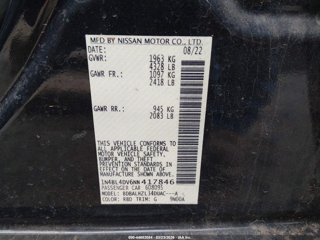 Aukcja sprzedaży 2022 Nissan Altima Sv Fwd, vin: 1N4BL4DV6NN417846, numer aukcji: 44682084