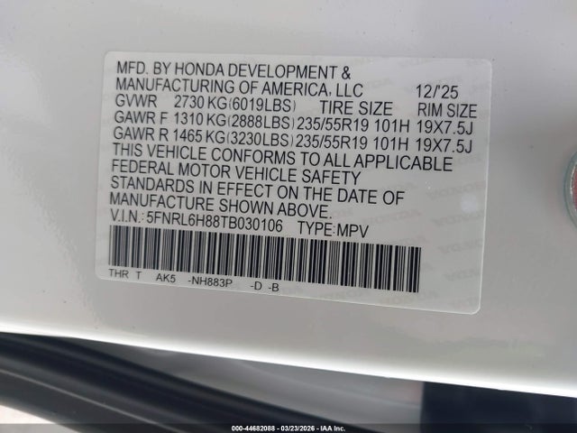 5FNRL6H88TB030106 Honda Odyssey Touring