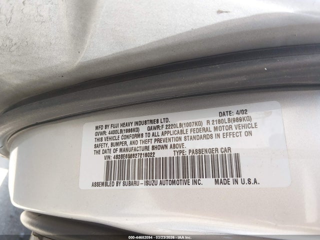 Aukcja sprzedaży 2002 Subaru Legacy Gt Limited, vin: 4S3BE656827216022, numer aukcji: 44682094