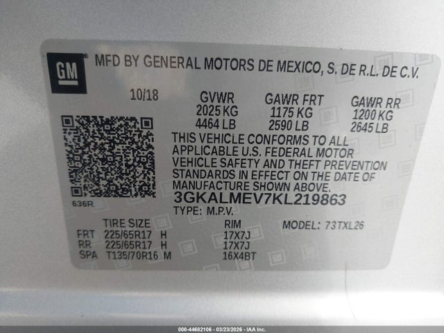 Aukcja sprzedaży 2019 Gmc Terrain Sle, vin: 3GKALMEV7KL219863, numer aukcji: 44682106