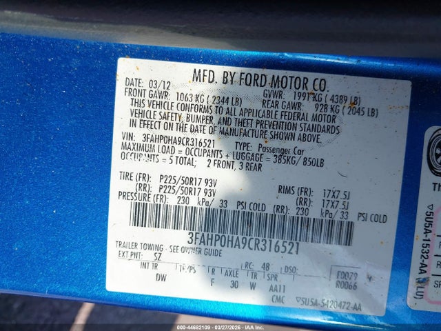 Aukcja sprzedaży 2012 Ford Fusion Se, vin: 3FAHP0HA9CR316521, numer aukcji: 44682109