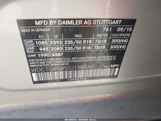 44682122 :رقم المزاد ، WDCTG4GB5GJ198564 vin ، 2016 Mercedes-benz Gla 250 4matic مزاد بيع