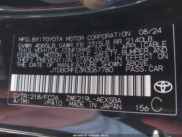JTDBCMFE3R3067780 Toyota Corolla Hybrid Se