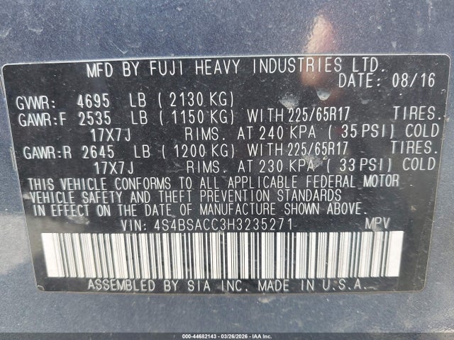 Продажа на аукционе авто 2017 Subaru Outback 2.5i Premium, vin: 4S4BSACC3H3235271, номер лота: 44682143