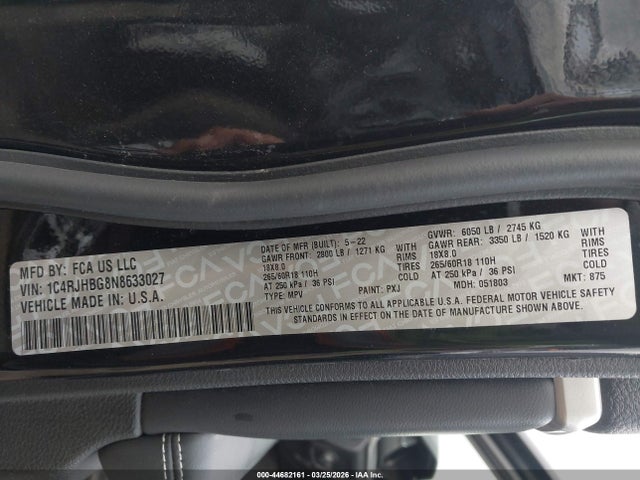 2022 Jeep Grand Cherokee Limited 4x4 მანქანა იყიდება აუქციონზე, vin: 1C4RJHBG8N8633027, აუქციონის ნომერი: 44682161