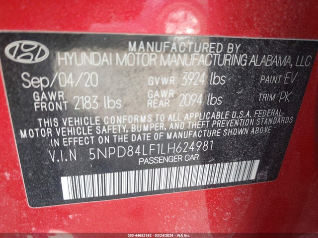 44682162 :رقم المزاد ، 5NPD84LF1LH624981 vin ، 2020 Hyundai Elantra Sel مزاد بيع