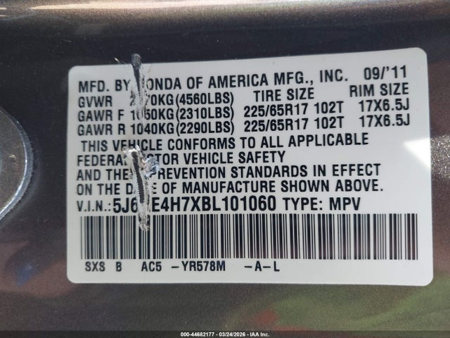 44682177 :رقم المزاد ، 5J6RE4H7XBL101060 vin ، 2011 Honda Cr-v Ex-l مزاد بيع