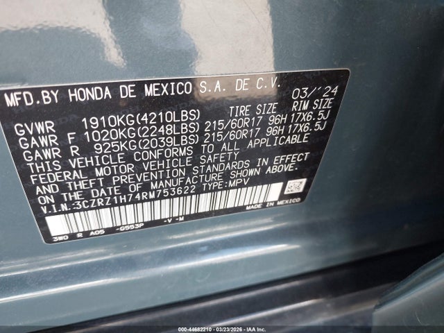 3CZRZ1H74RM753622 Honda Hr-v 2wd Ex-l/2wd Ex-l W/o Bsi