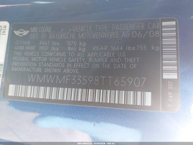 2008 MINI COOPER WMWMF33598TT65907 Photo 8