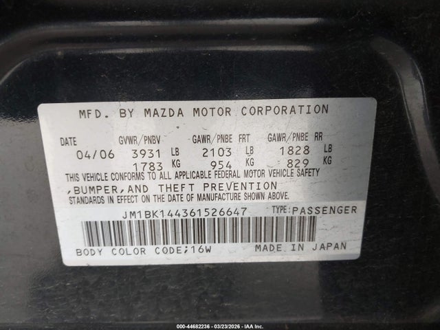 2006 MAZDA MAZDA3 JM1BK144361526647 Photo 8