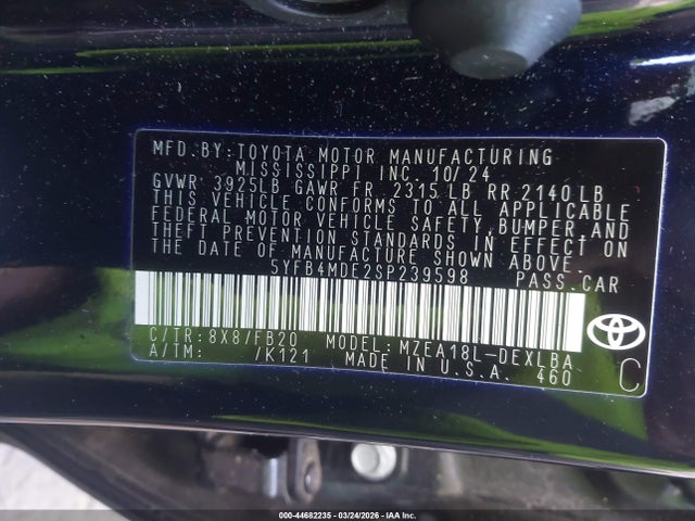 Aukcja sprzedaży 2025 Toyota Corolla Le, vin: 5YFB4MDE2SP239598, numer aukcji: 44682235