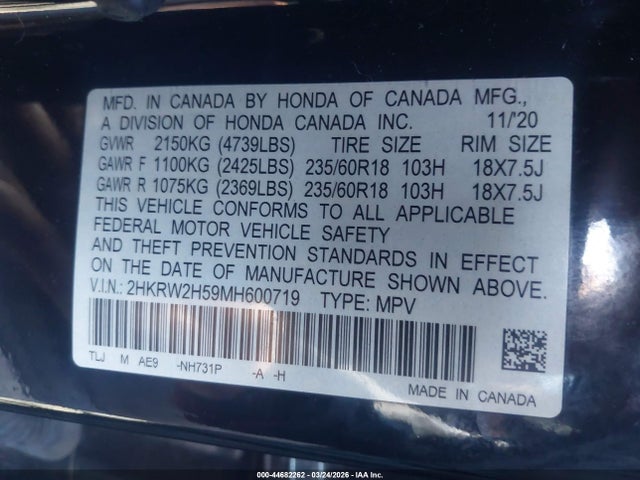 2021 Honda Cr-v Awd Ex მანქანა იყიდება აუქციონზე, vin: 2HKRW2H59MH600719, აუქციონის ნომერი: 44682262