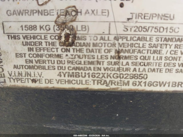 44682266 :رقم المزاد ، 4YMBU162XKG029850 vin ، 2019 Carry On Leonard Utility Trailer مزاد بيع