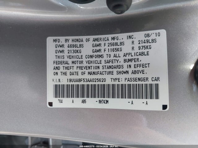 44682270 :رقم المزاد ، 19UUA8F53AA025620 vin ، 2010 Acura Tl 3.5 مزاد بيع