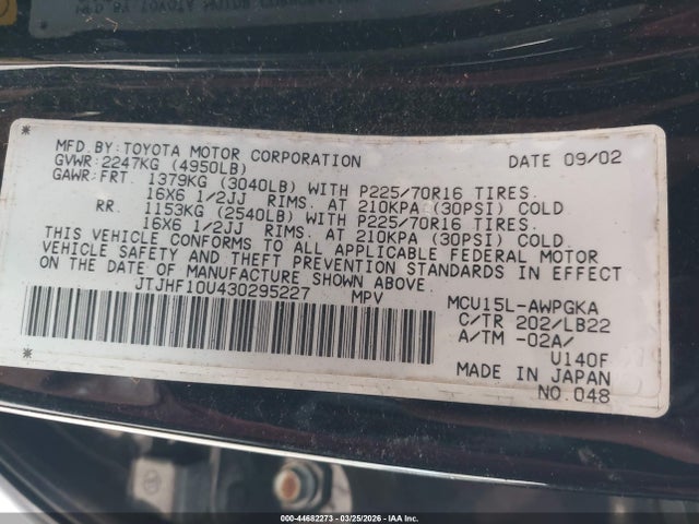 44682273 :رقم المزاد ، JTJHF10U430295227 vin ، 2003 Lexus Rx 300 مزاد بيع