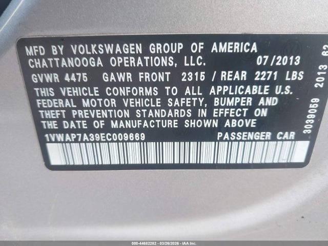 44682282 :رقم المزاد ، 1VWAP7A39EC009669 vin ، 2014 Volkswagen Passat 2.5l Wolfsburg Edition مزاد بيع