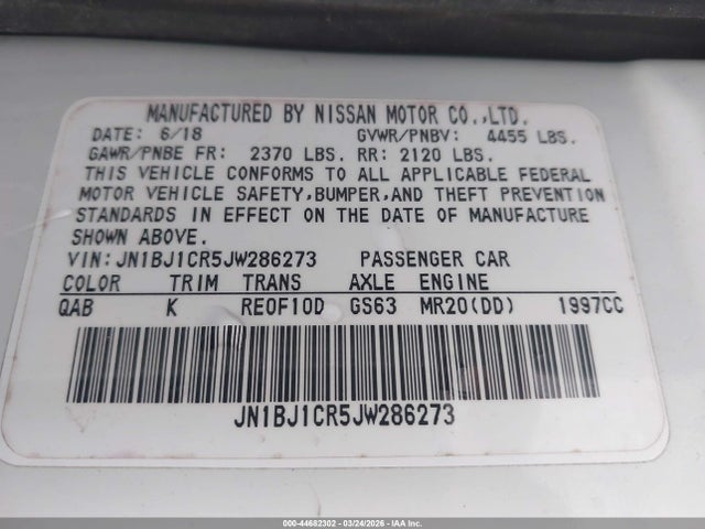 2018 Nissan Rogue Sport Sv მანქანა იყიდება აუქციონზე, vin: JN1BJ1CR5JW286273, აუქციონის ნომერი: 44682302