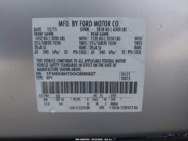 Aukcja sprzedaży 2016 Ford Explorer Platinum, vin: 1FM5K8HT0GGB86827, numer aukcji: 44682304