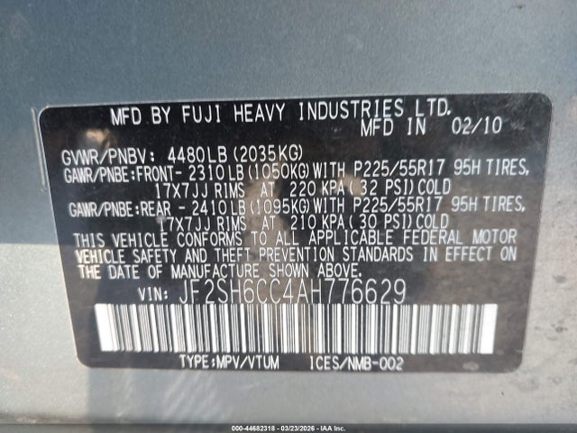 2010 Subaru Forester 2.5x Premium მანქანა იყიდება აუქციონზე, vin: JF2SH6CC4AH776629, აუქციონის ნომერი: 44682318