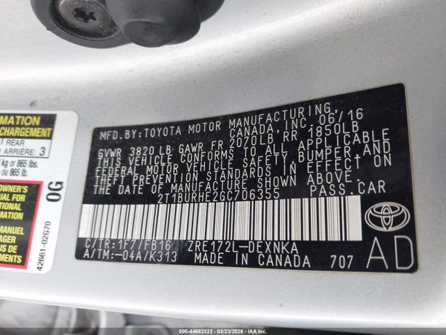 Toyota COROLLA LE 2016 2T1BURHE2GC706355 Image 9