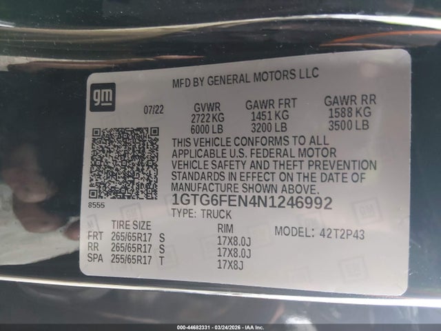 44682331 :رقم المزاد ، 1GTG6FEN4N1246992 vin ، 2022 Gmc Canyon 4wd  Short Box At4 - Leather مزاد بيع
