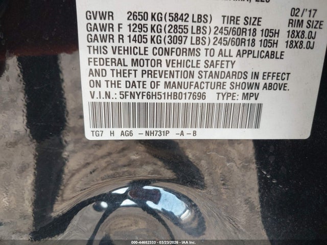 5FNYF6H51HB017696 Honda Pilot Ex-l