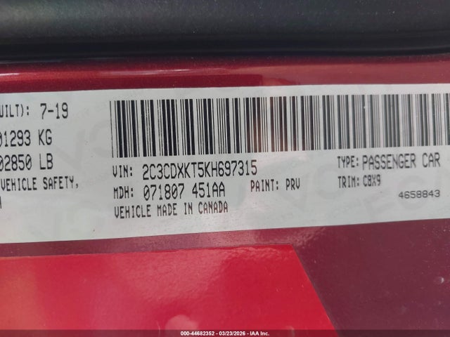44682352 :رقم المزاد ، 2C3CDXKT5KH697315 vin ، 2019 Dodge Charger Police Awd مزاد بيع
