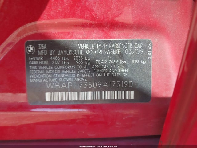 44682408 :رقم المزاد ، WBAPH73509A173190 vin ، 2009 Bmw 328i مزاد بيع