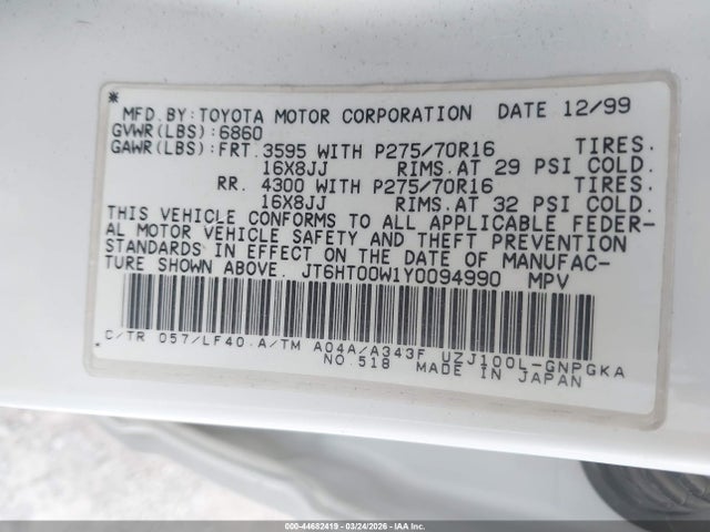 Aukcja sprzedaży 2000 Lexus Lx 470, vin: JT6HT00W1Y0094990, numer aukcji: 44682419