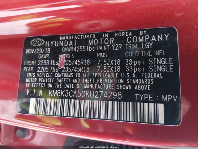 KM8K3CA50KU274298 Hyundai Kona Limited