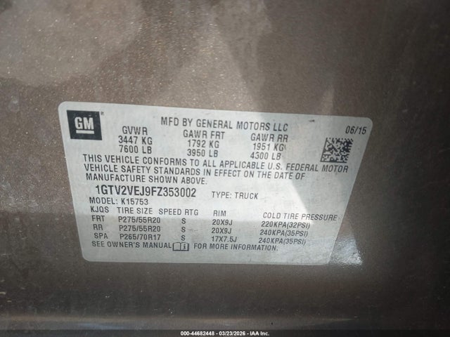 44682448 :رقم المزاد ، 1GTV2VEJ9FZ353002 vin ، 2015 Gmc Sierra 1500 Slt مزاد بيع
