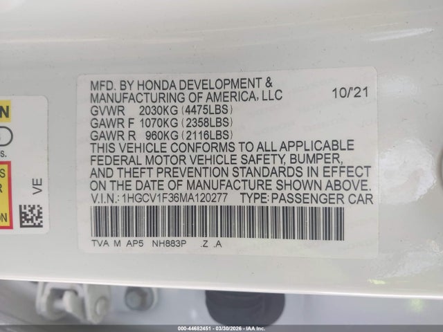 44682451 :رقم المزاد ، 1HGCV1F36MA120277 vin ، 2021 Honda Accord Sport مزاد بيع