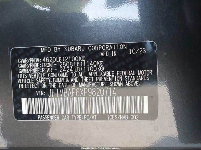 2023 Subaru Wrx Premium მანქანა იყიდება აუქციონზე, vin: JF1VBAF6XP9820714, აუქციონის ნომერი: 44682452