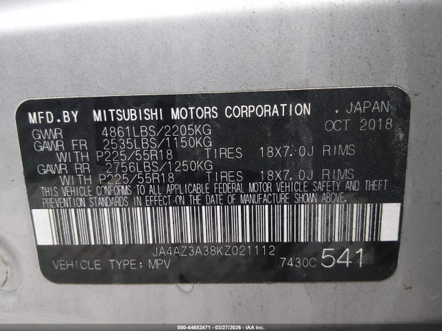 2019 Mitsubishi Outlander Sel მანქანა იყიდება აუქციონზე, vin: JA4AZ3A38KZ021112, აუქციონის ნომერი: 44682471