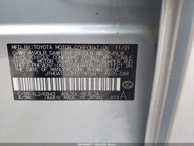 44682477 :رقم المزاد ، JTHDA1D23N5118164 vin ، 2022 Lexus Is 300 مزاد بيع