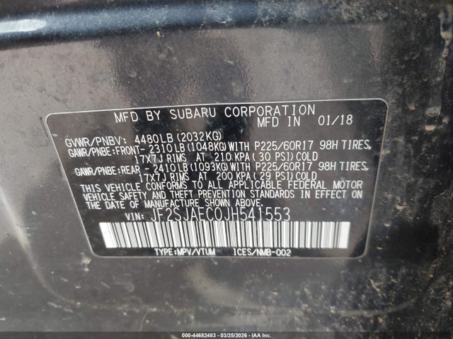 Продаж на аукціоні авто 2018 Subaru Forester 2.5i Premium, vin: JF2SJAEC0JH541553, номер лоту: 44682483