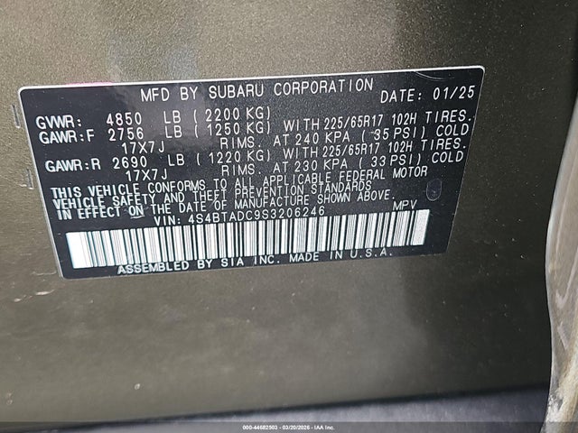 44682503 :رقم المزاد ، 4S4BTADC9S3206246 vin ، 2025 Subaru Outback Premium مزاد بيع