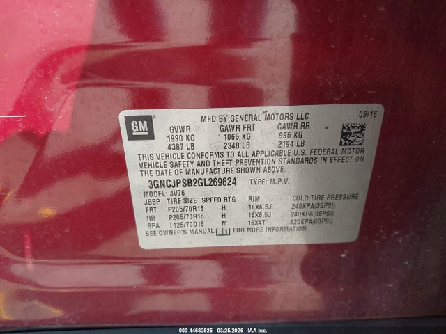 Продаж на аукціоні авто 2016 Chevrolet Trax Lt, vin: 3GNCJPSB2GL269624, номер лоту: 44682525