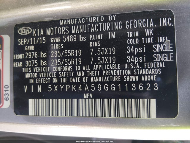 5XYPK4A59GG113623 KIA Sorento 3.3l Sx